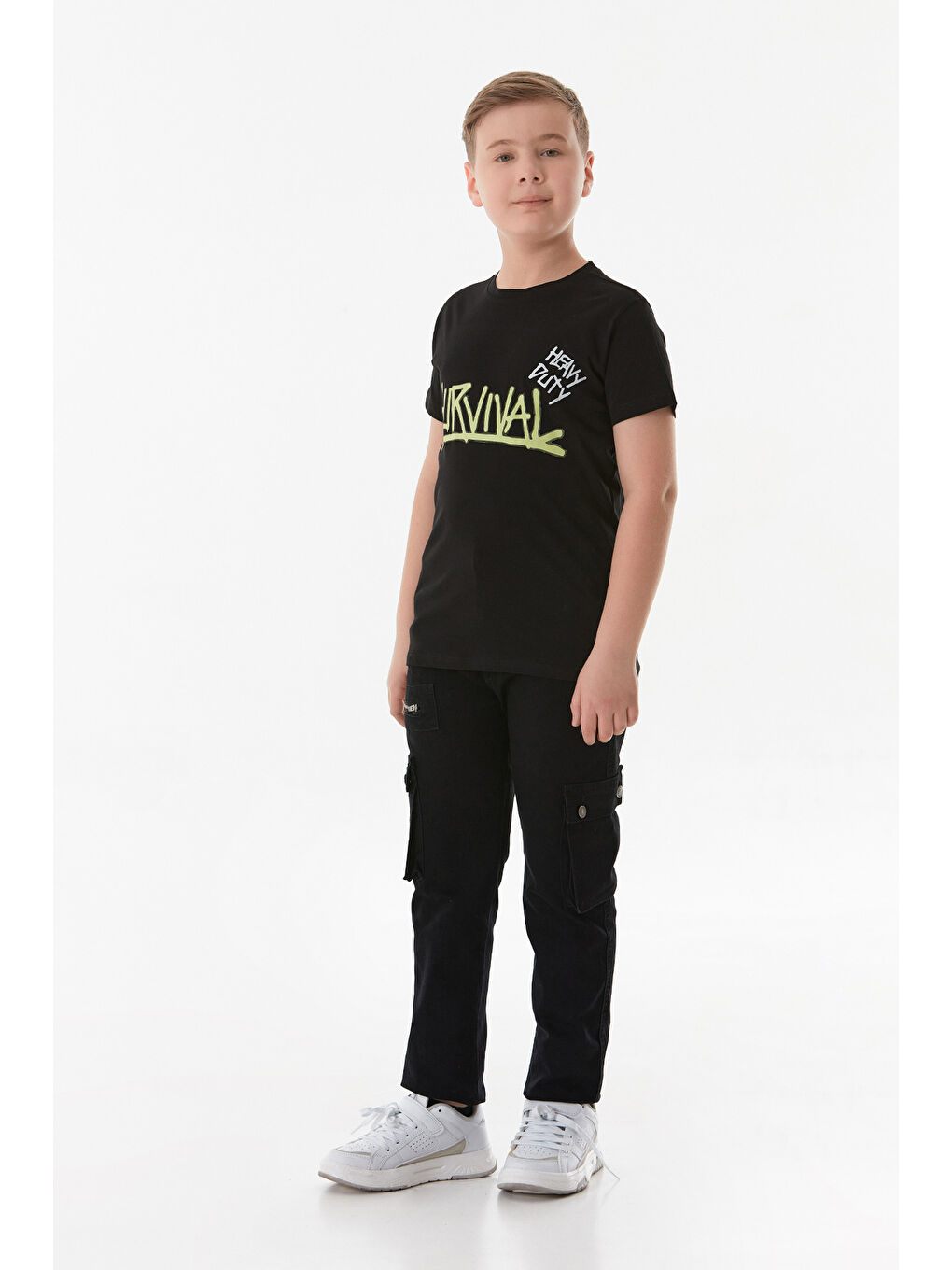 Siyah %100 Pamuk Survıval Yazı Baskılı Erkek Çocuk Tişört-1
