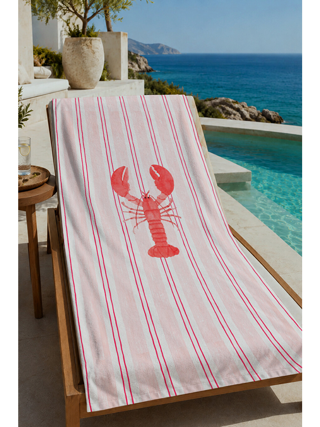 Milbay Grup Pembe Çizgili Istakoz Desenli 70x150 Cm Dijital Plaj Ve Banyo Havlusu-20023