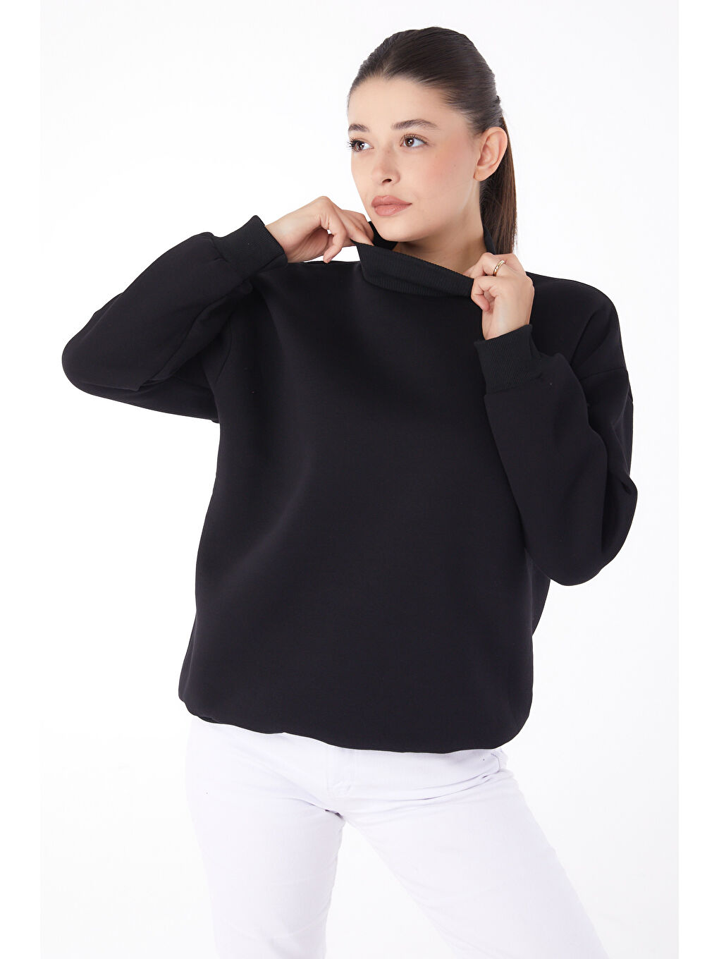 TOFİSA Düz Yarım Balıkçı Yaka Kadın Siyah Sweatshirt - 26047 - 1