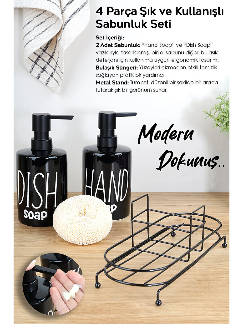 Siyah 2'li Metal Standlı Süngerli Sabunluk Seti-3