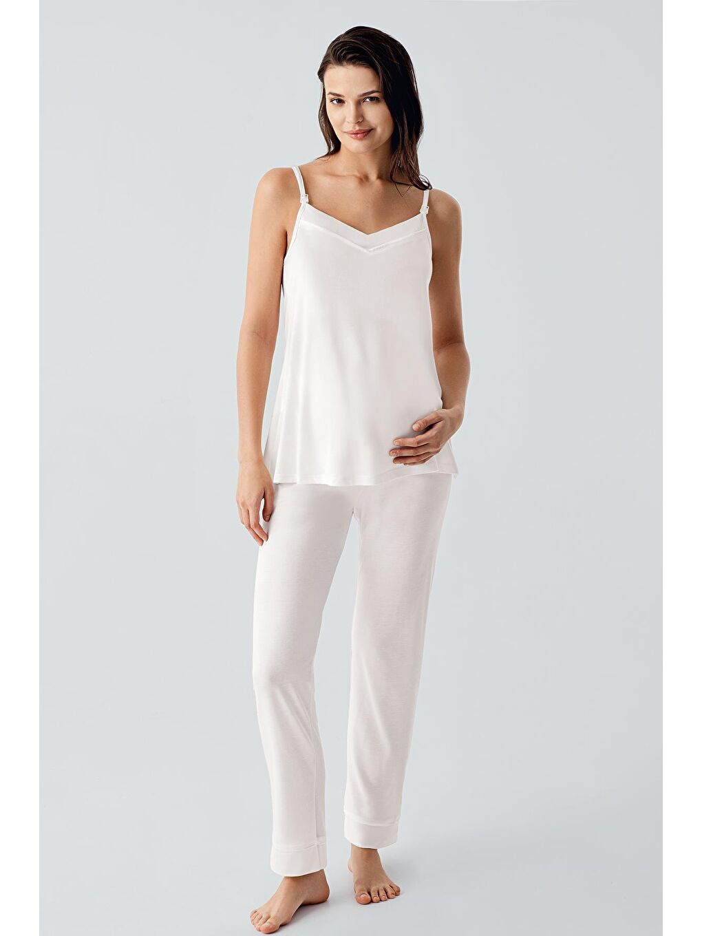 Ekru Askılı Esnek Viskoz Hamile Sabahlık Pijama Takım 17301-1