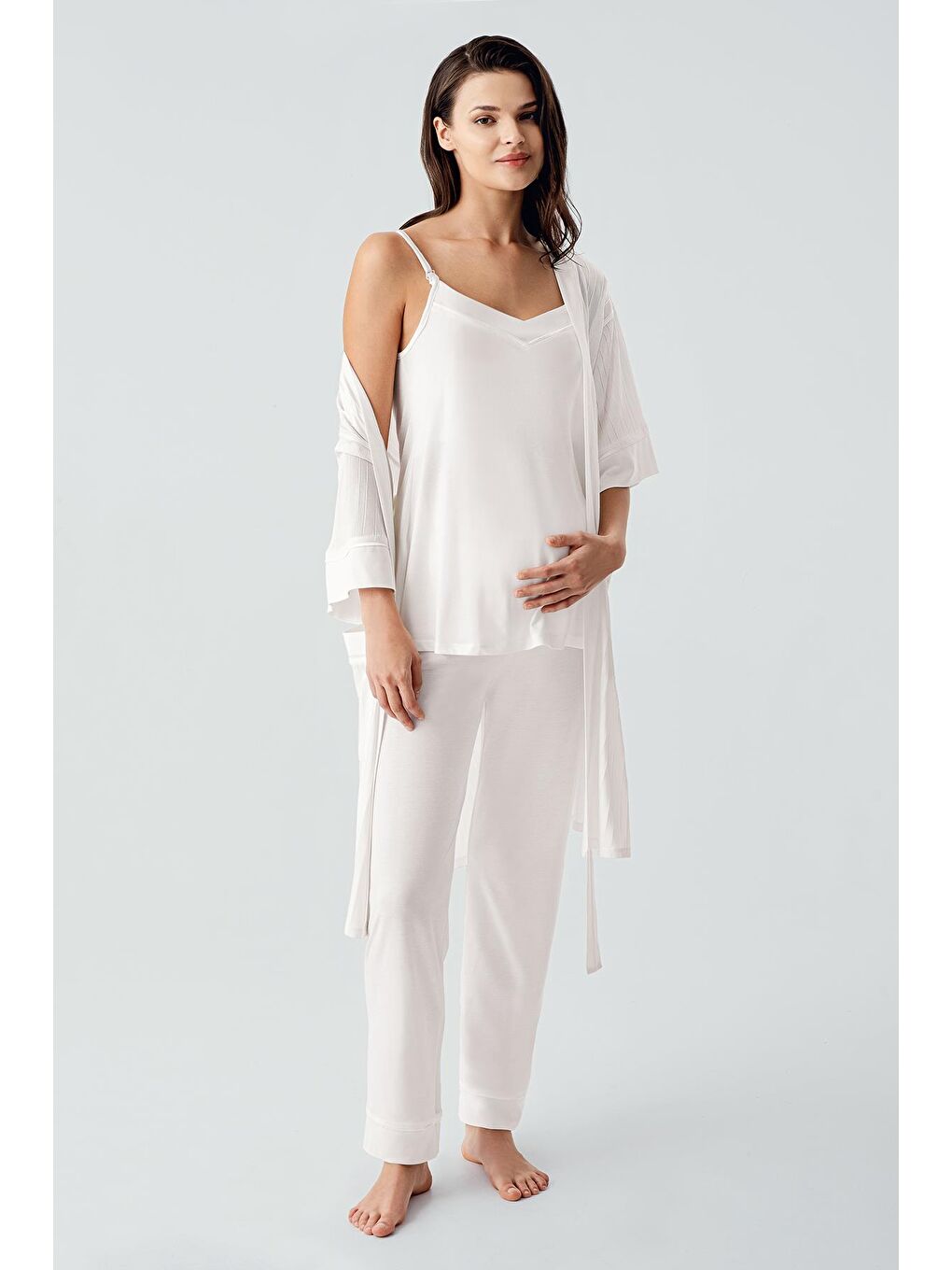 Ekru Askılı Esnek Viskoz Hamile Sabahlık Pijama Takım 17301-2