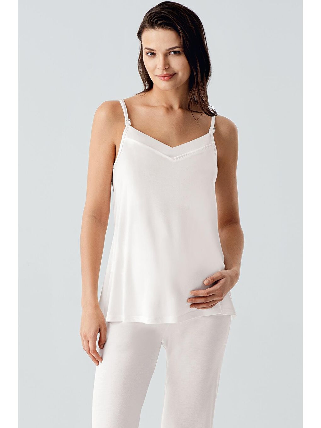 Ekru Askılı Esnek Viskoz Hamile Sabahlık Pijama Takım 17301-3