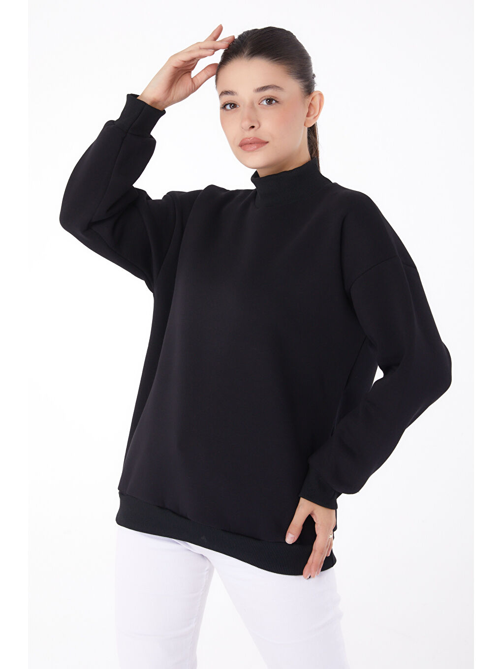 TOFİSA Düz Yarım Balıkçı Yaka Kadın Siyah Sweatshirt - 26047 - 2