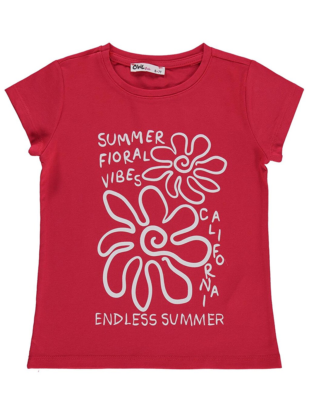 Girls Summer Fıoral Vibes Baskılı 6-9 Yaş Tişört - Kırmızı