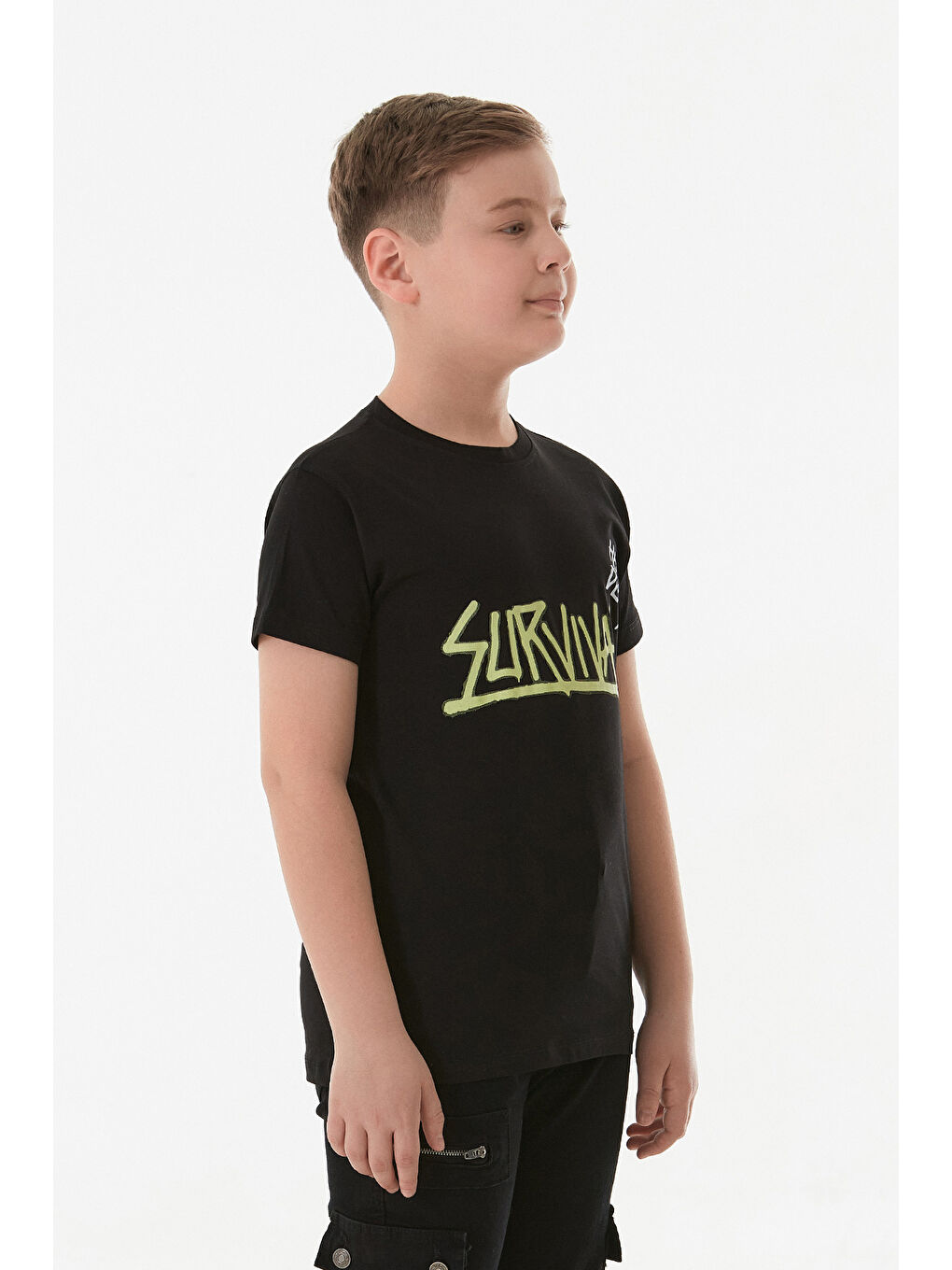 Siyah %100 Pamuk Survıval Yazı Baskılı Erkek Çocuk Tişört-3