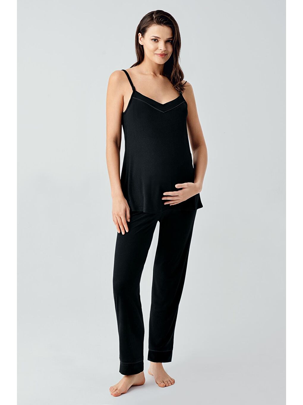 Siyah Askılı Esnek Viskoz Hamile Sabahlık Pijama Takım 17301-1