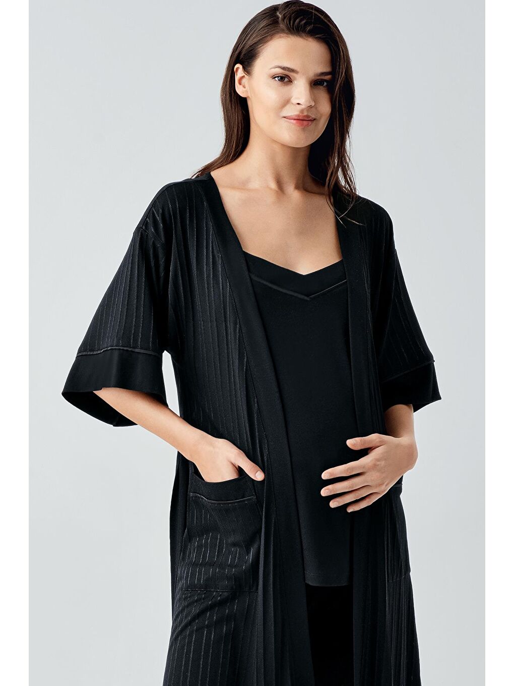 Siyah Askılı Esnek Viskoz Hamile Sabahlık Pijama Takım 17301-2