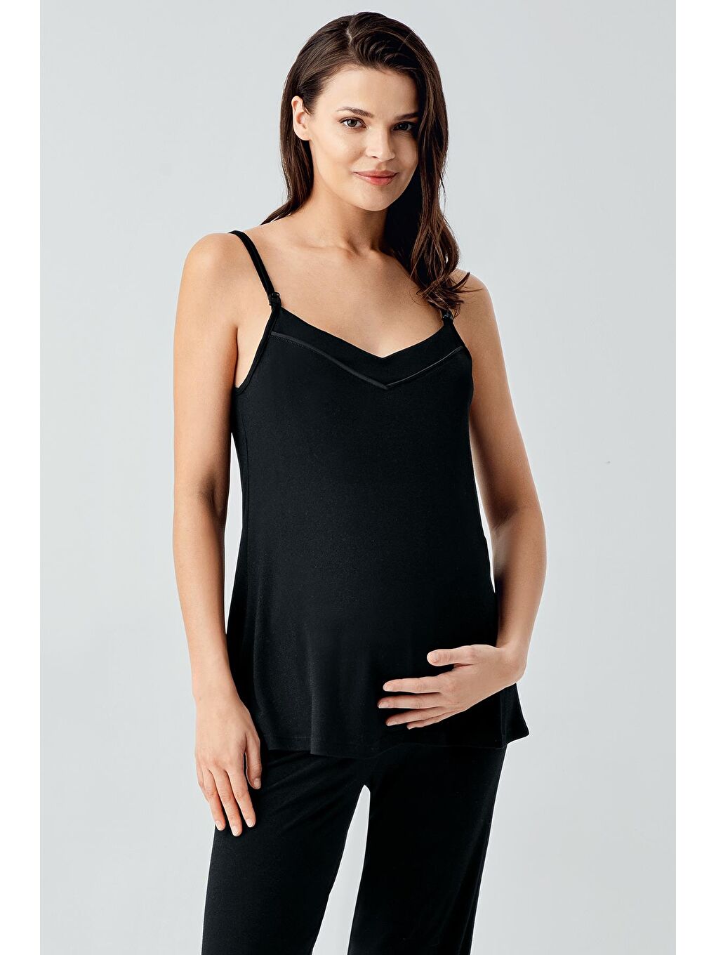 Siyah Askılı Esnek Viskoz Hamile Sabahlık Pijama Takım 17301-3
