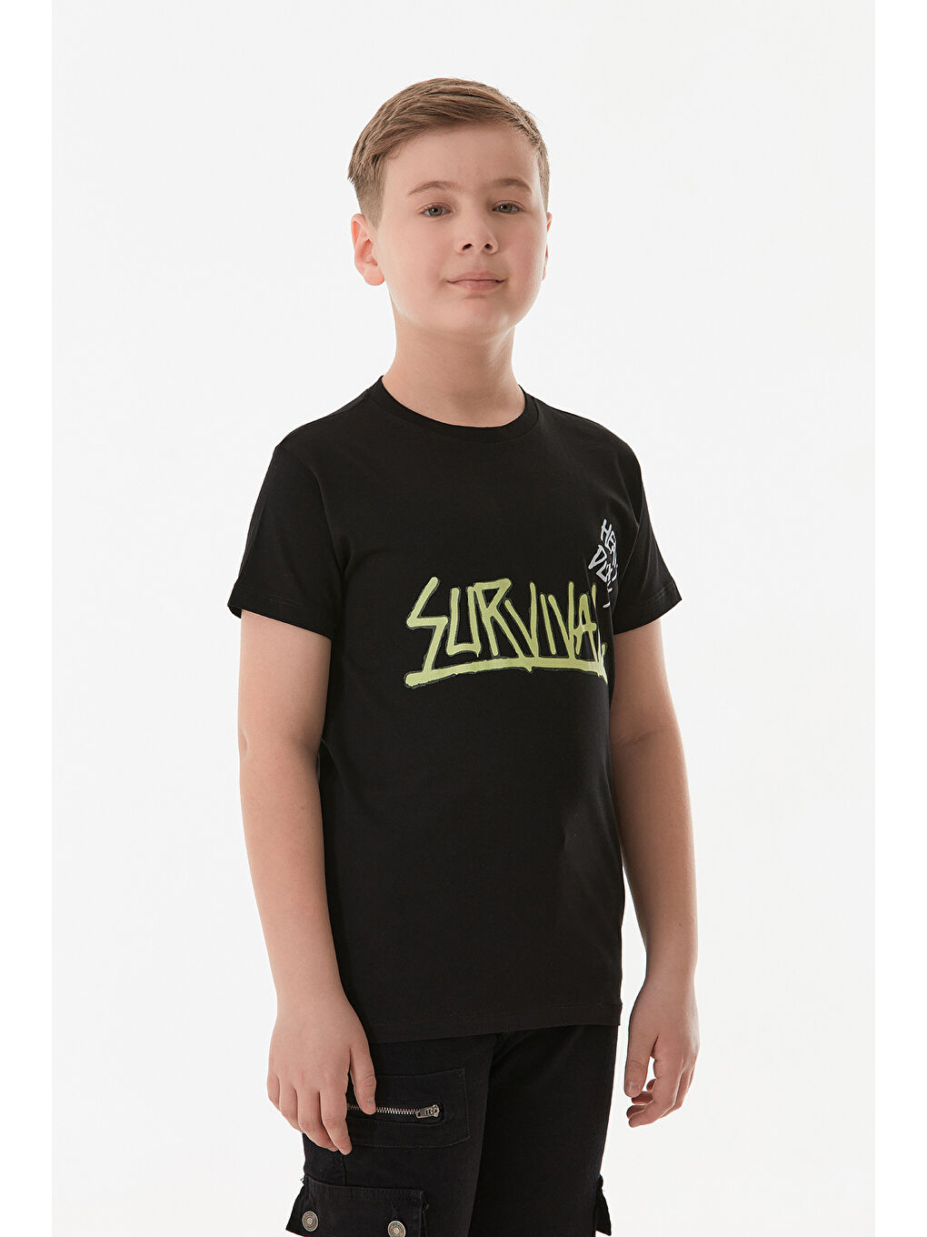 Siyah %100 Pamuk Survıval Yazı Baskılı Erkek Çocuk Tişört-4