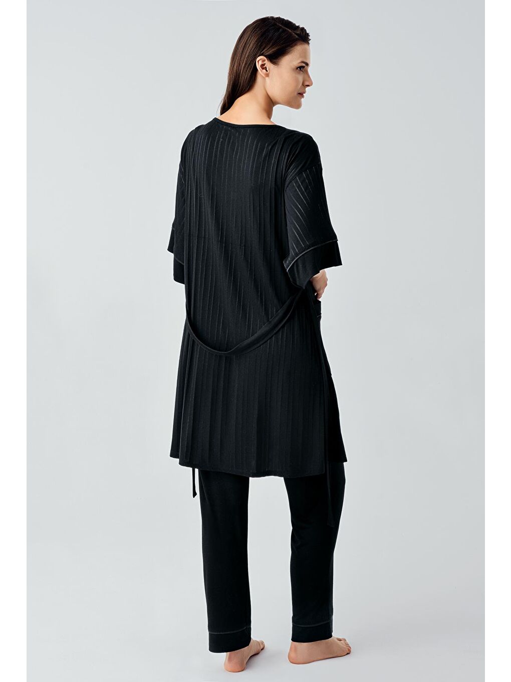 Siyah Askılı Esnek Viskoz Hamile Sabahlık Pijama Takım 17301-7