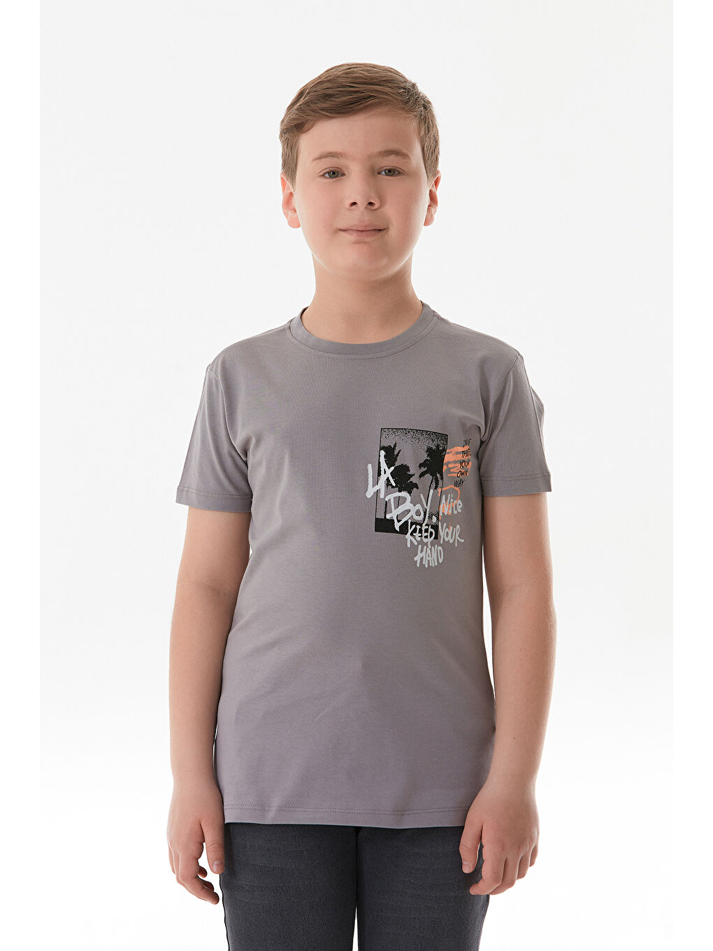 Gri %100 Pamuk Yazı Baskılı Erkek Çocuk Tişört