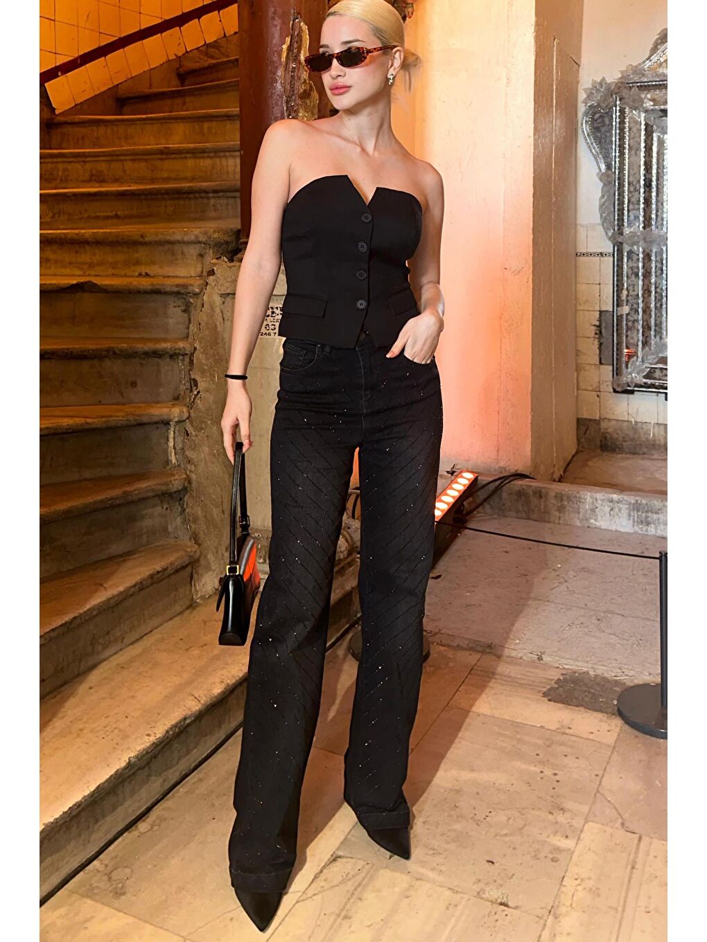 Madmext Siyah Yan Çizgi Taşlı Bol Paça Kadın Jean Pantolon Mg2271 - 1