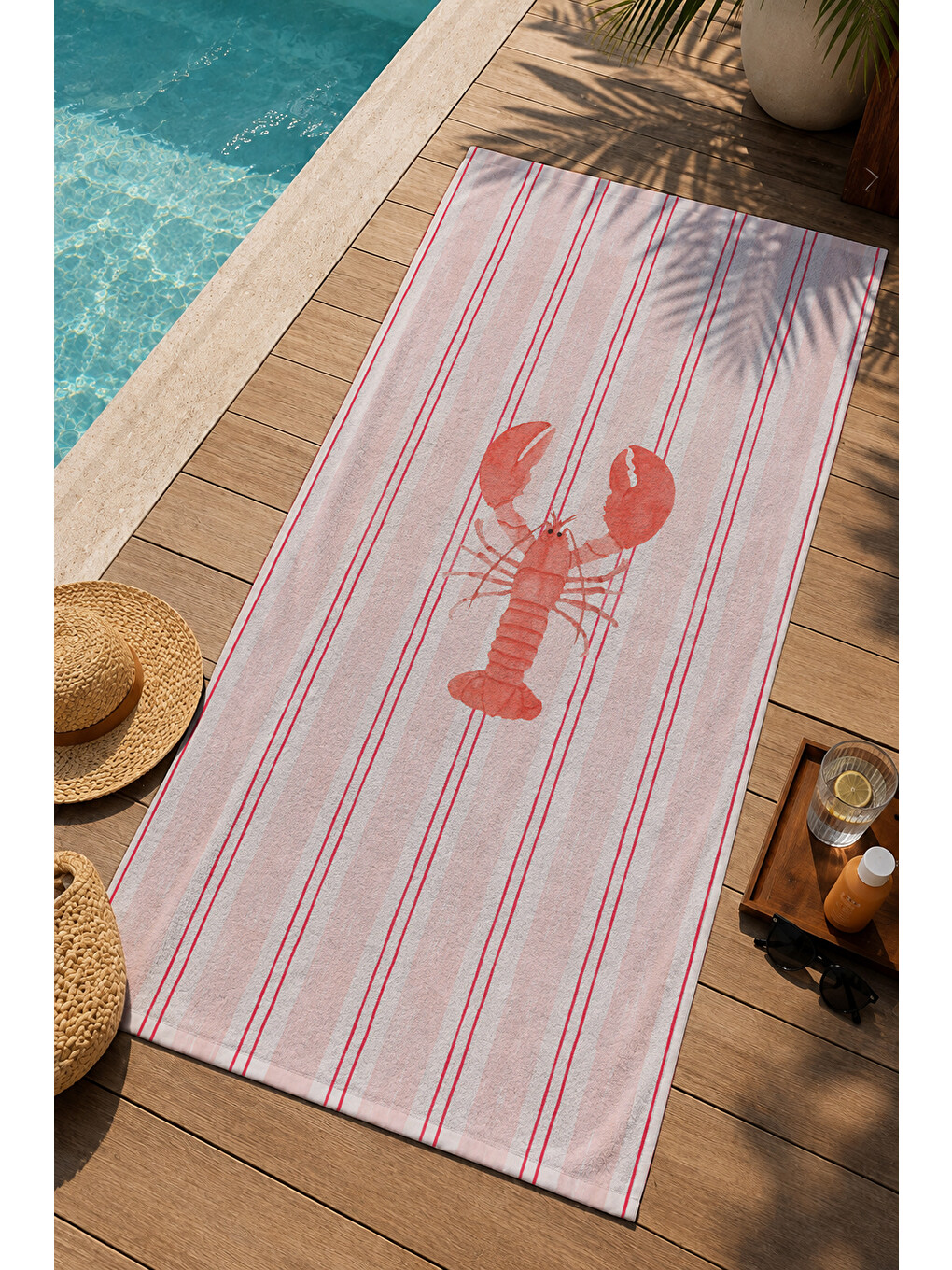 Milbay Grup Pembe Çizgili Istakoz Desenli 70x150 Cm Dijital Plaj Ve Banyo Havlusu-20023-2