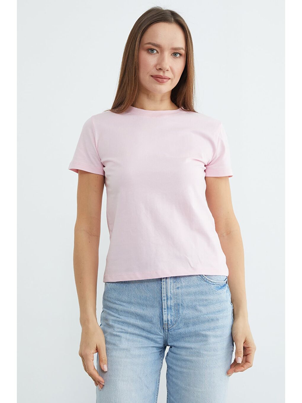 Pembe Basic Bisiklet Yaka Tişört-1