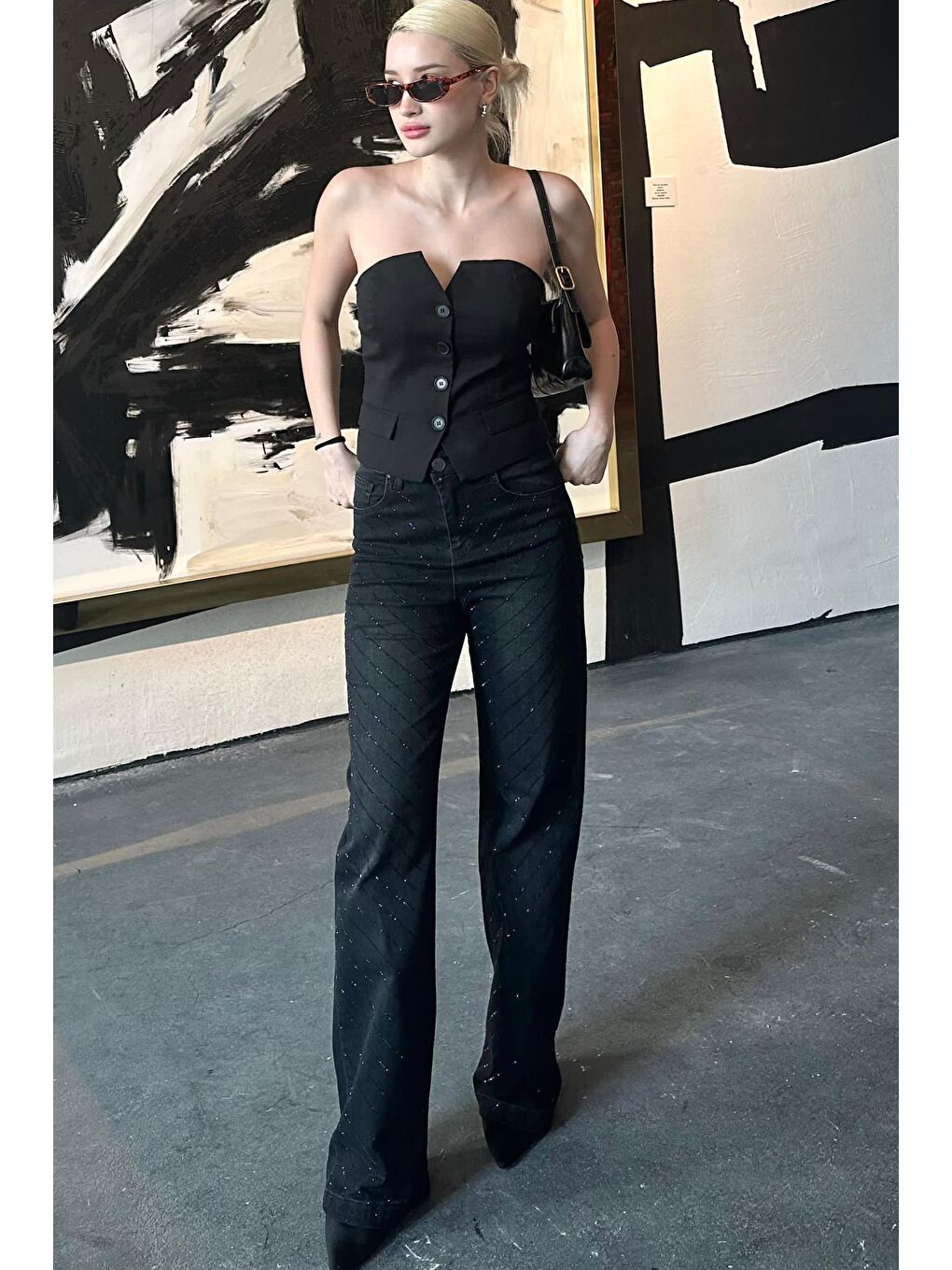 Madmext Siyah Yan Çizgi Taşlı Bol Paça Kadın Jean Pantolon Mg2271 - 6