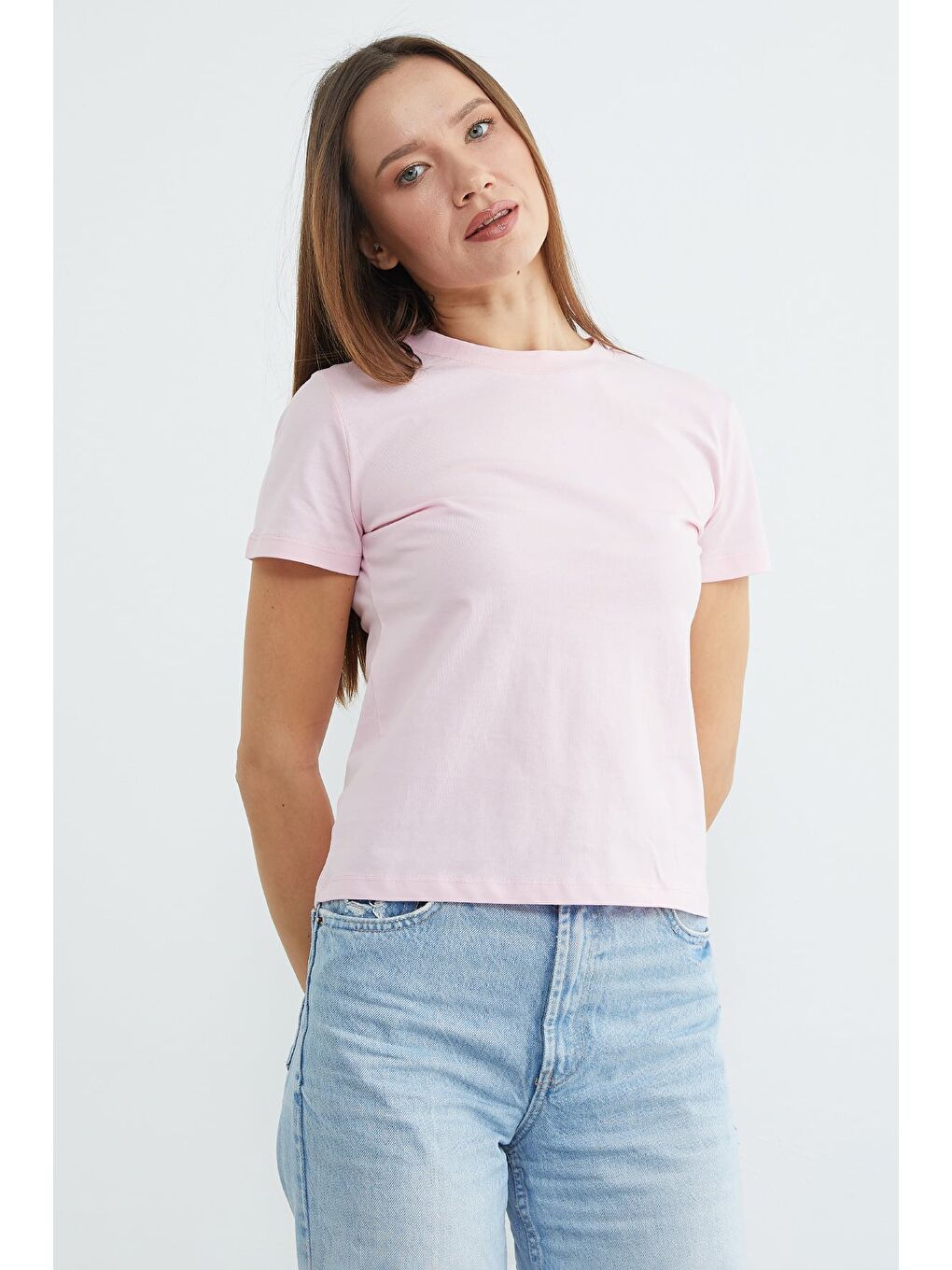 Pembe Basic Bisiklet Yaka Tişört-2