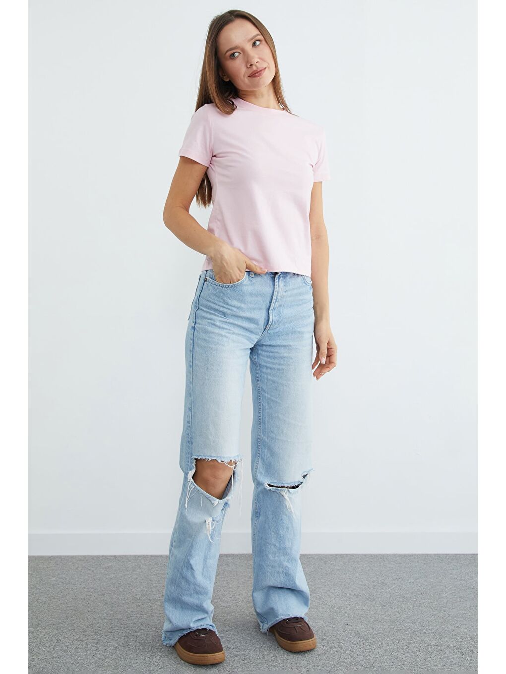 Pembe Basic Bisiklet Yaka Tişört-3