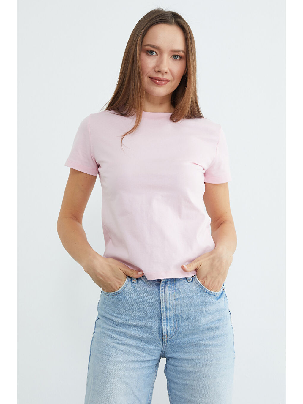 Pembe Basic Bisiklet Yaka Tişört-4