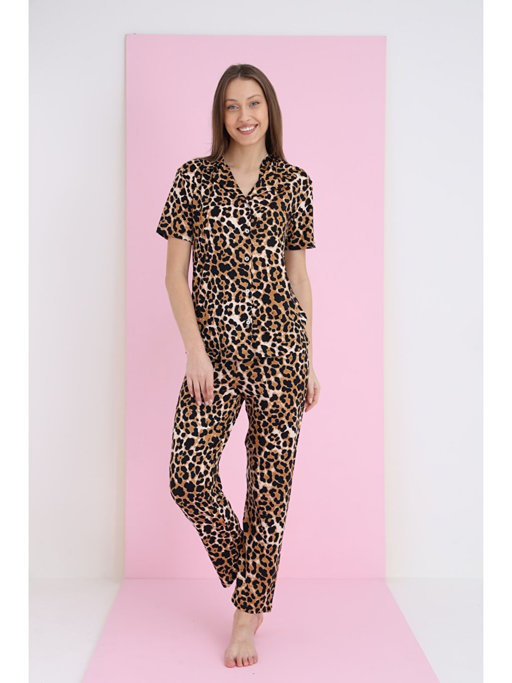 Kahverengi Bamboo Düğmeli Pijama Takımı 7052-21-1