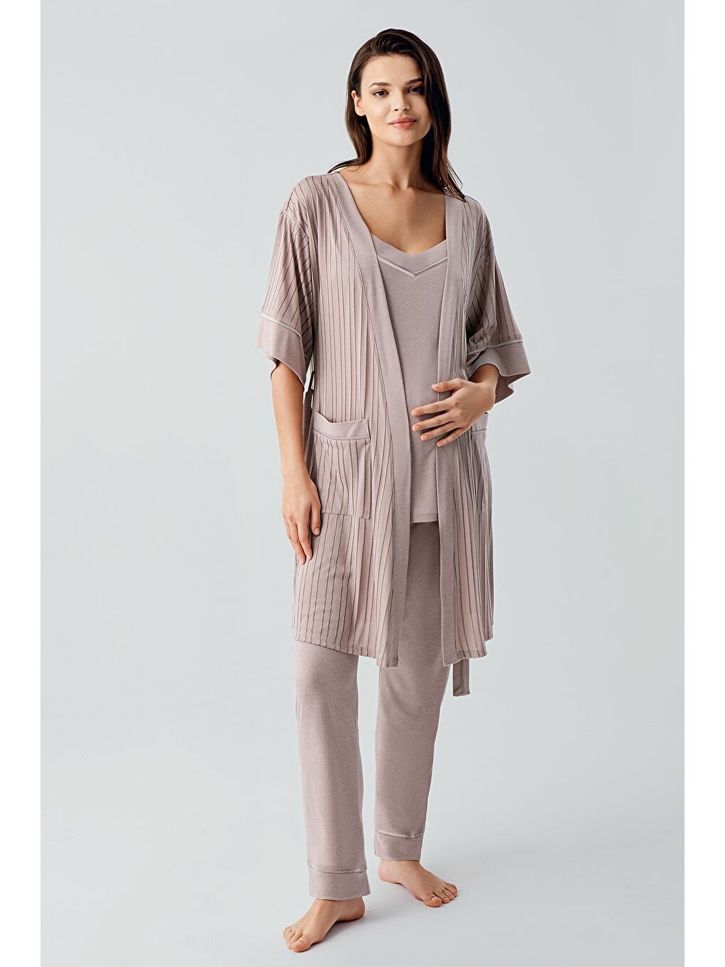 Bej Askılı Esnek Viskoz Hamile Sabahlık Pijama Takım 17301