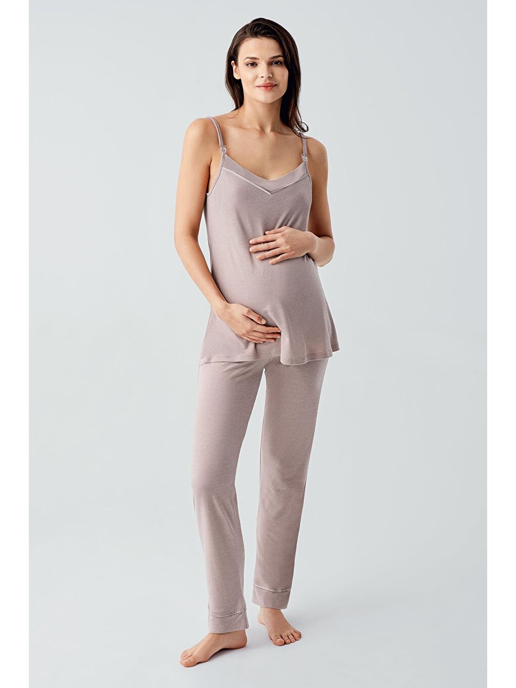 Bej Askılı Esnek Viskoz Hamile Sabahlık Pijama Takım 17301-1