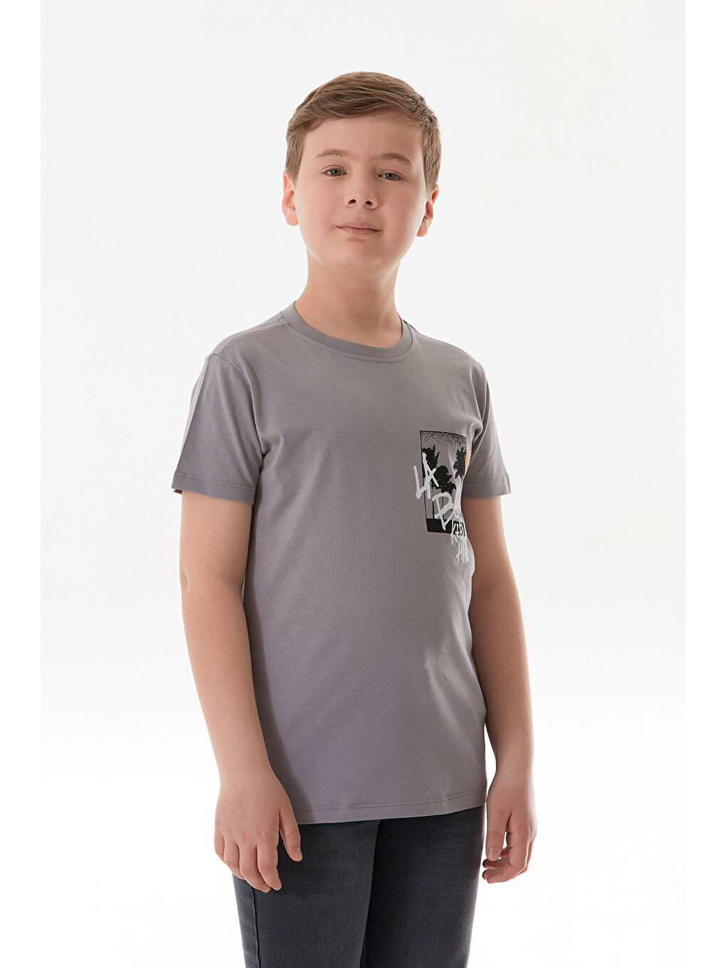 Gri %100 Pamuk Yazı Baskılı Erkek Çocuk Tişört-2