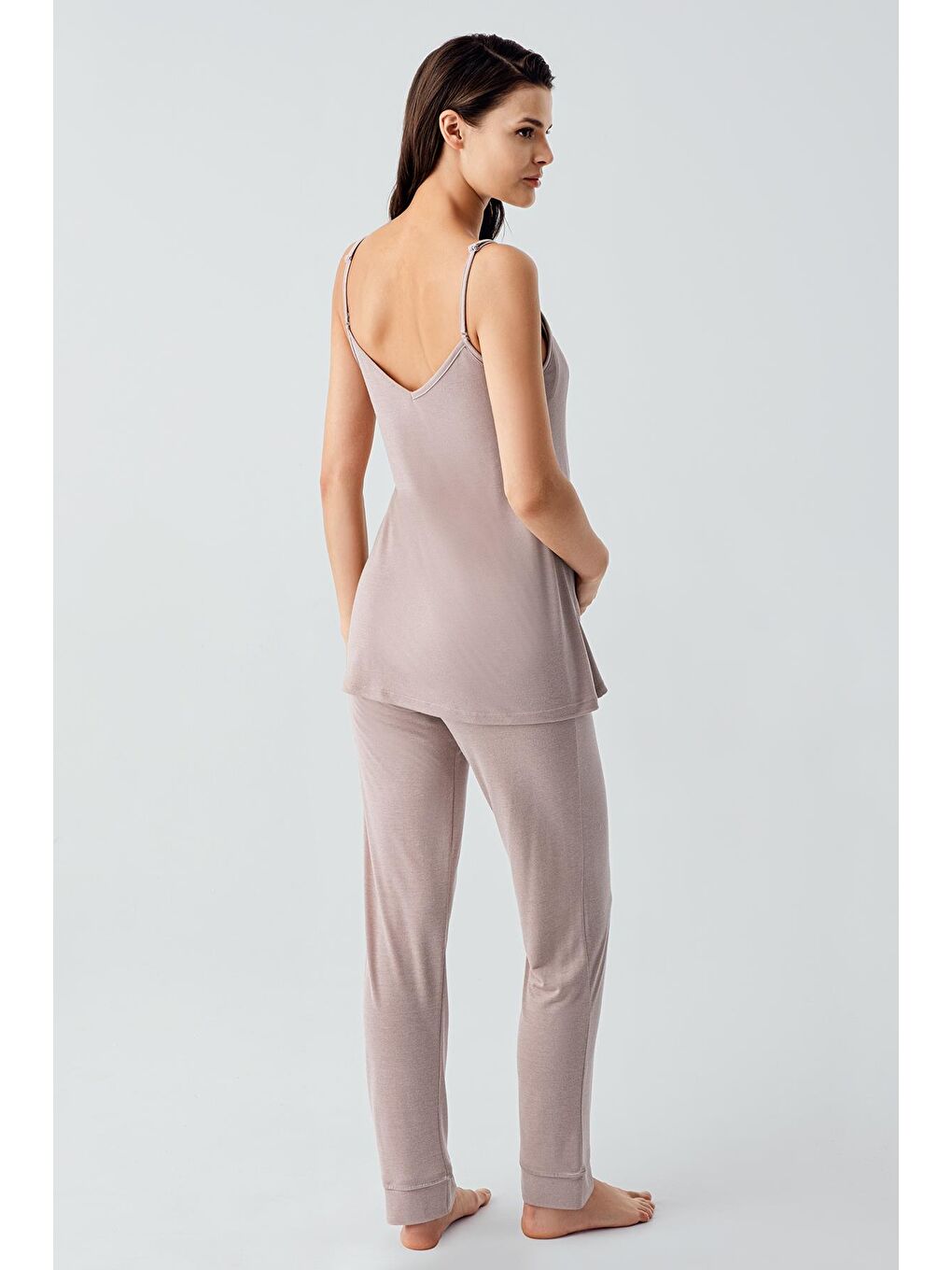 Bej Askılı Esnek Viskoz Hamile Sabahlık Pijama Takım 17301-4