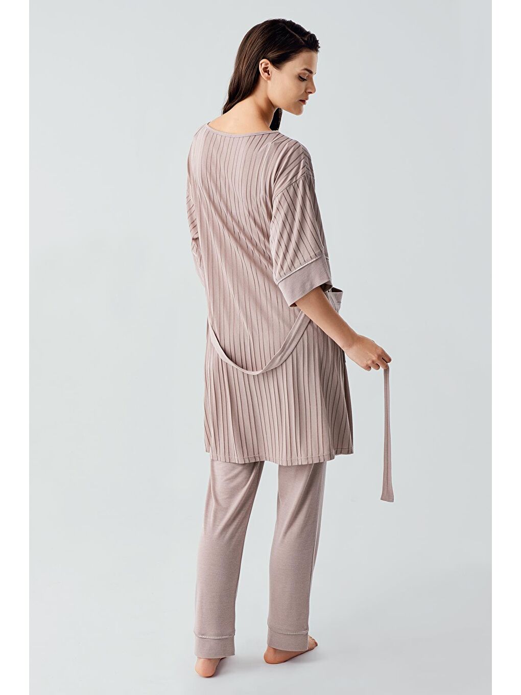 Bej Askılı Esnek Viskoz Hamile Sabahlık Pijama Takım 17301-5