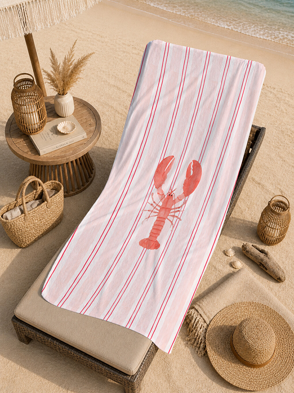 Milbay Grup Pembe Çizgili Istakoz Desenli 70x150 Cm Dijital Plaj Ve Banyo Havlusu-20023-4