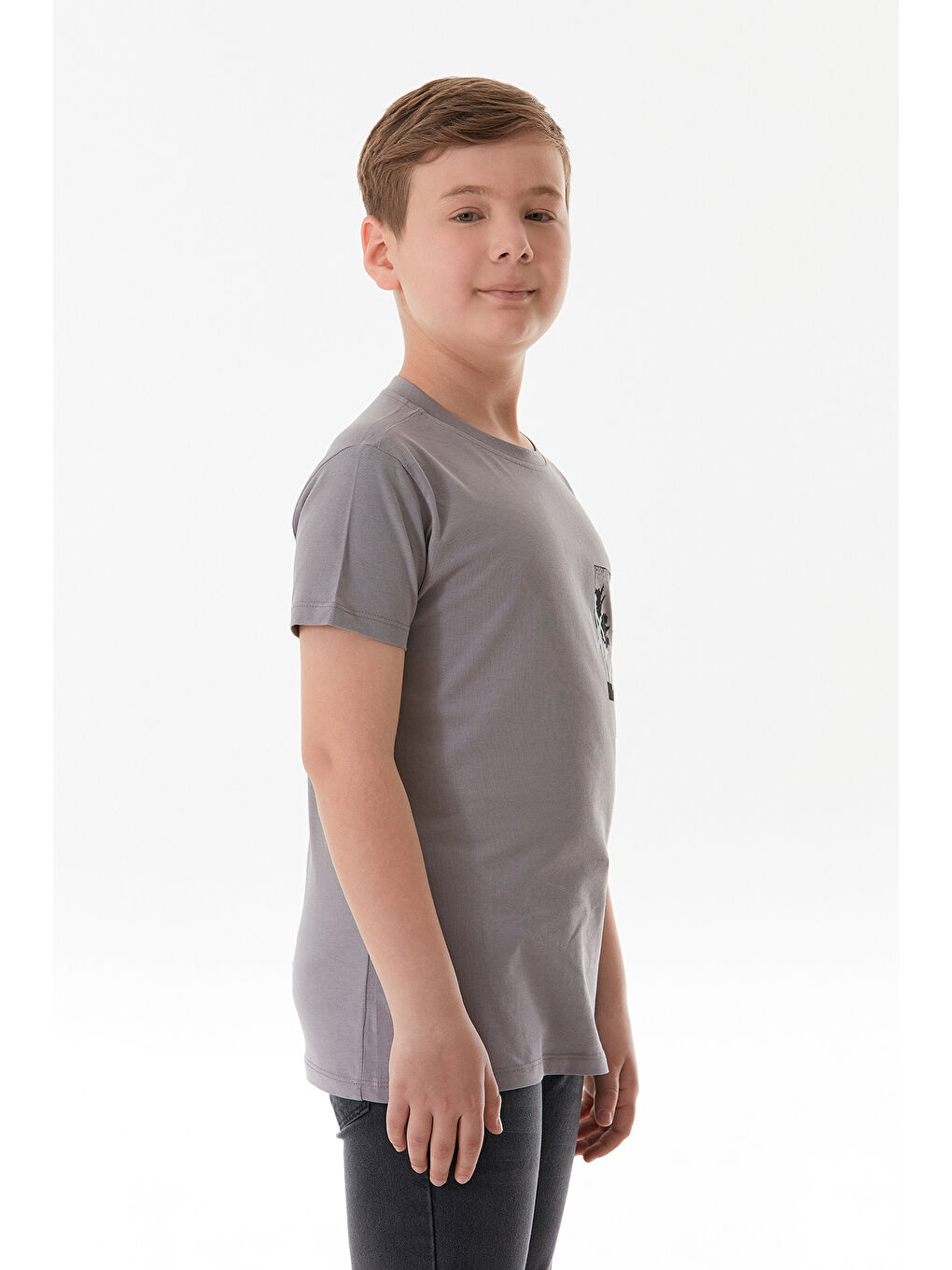 Gri %100 Pamuk Yazı Baskılı Erkek Çocuk Tişört-4