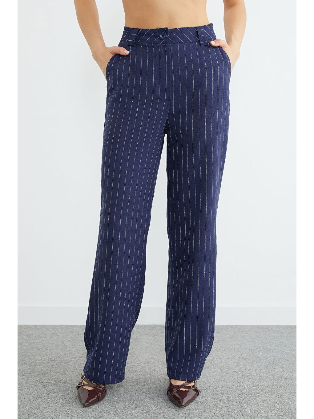 Lacivert Çizgili Yüksek Bel Palazzo Pantolon-1