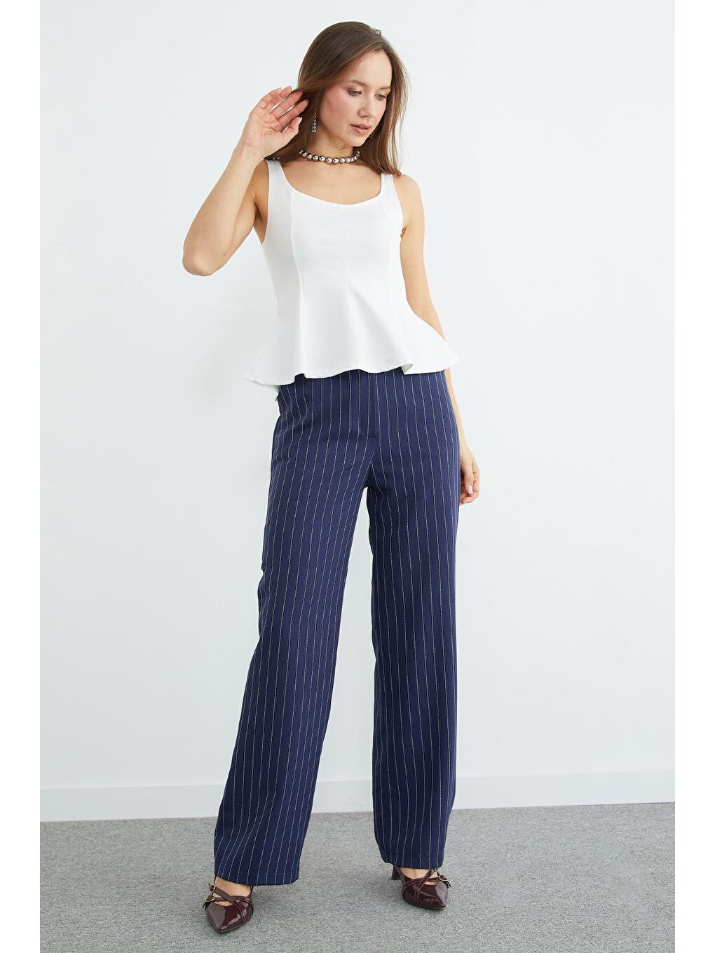 Lacivert Çizgili Yüksek Bel Palazzo Pantolon-2