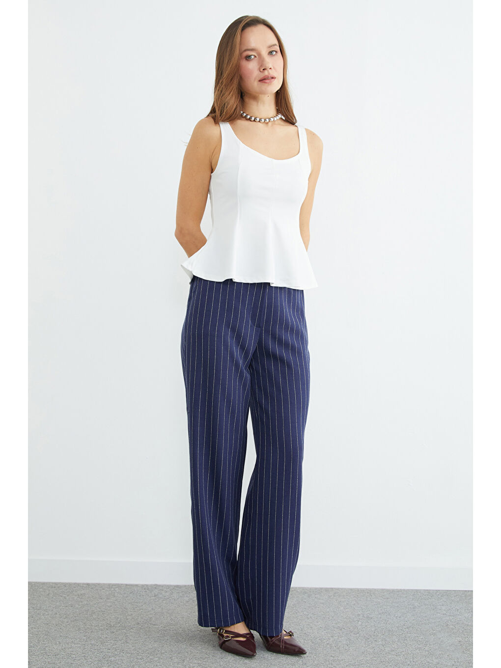 Lacivert Çizgili Yüksek Bel Palazzo Pantolon-3