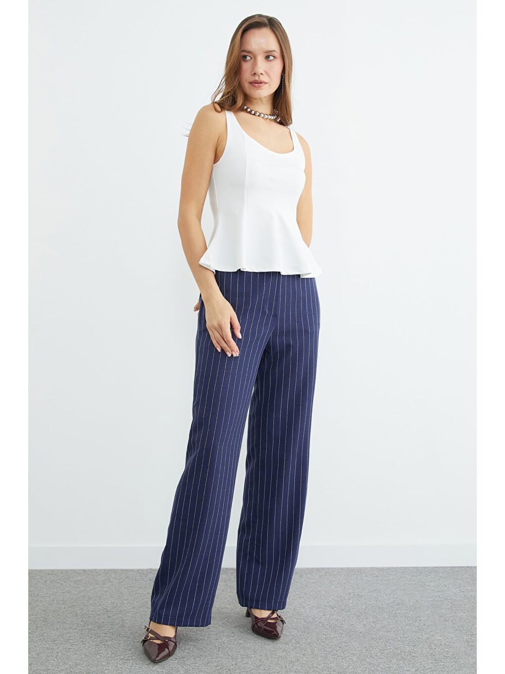 Lacivert Çizgili Yüksek Bel Palazzo Pantolon-4