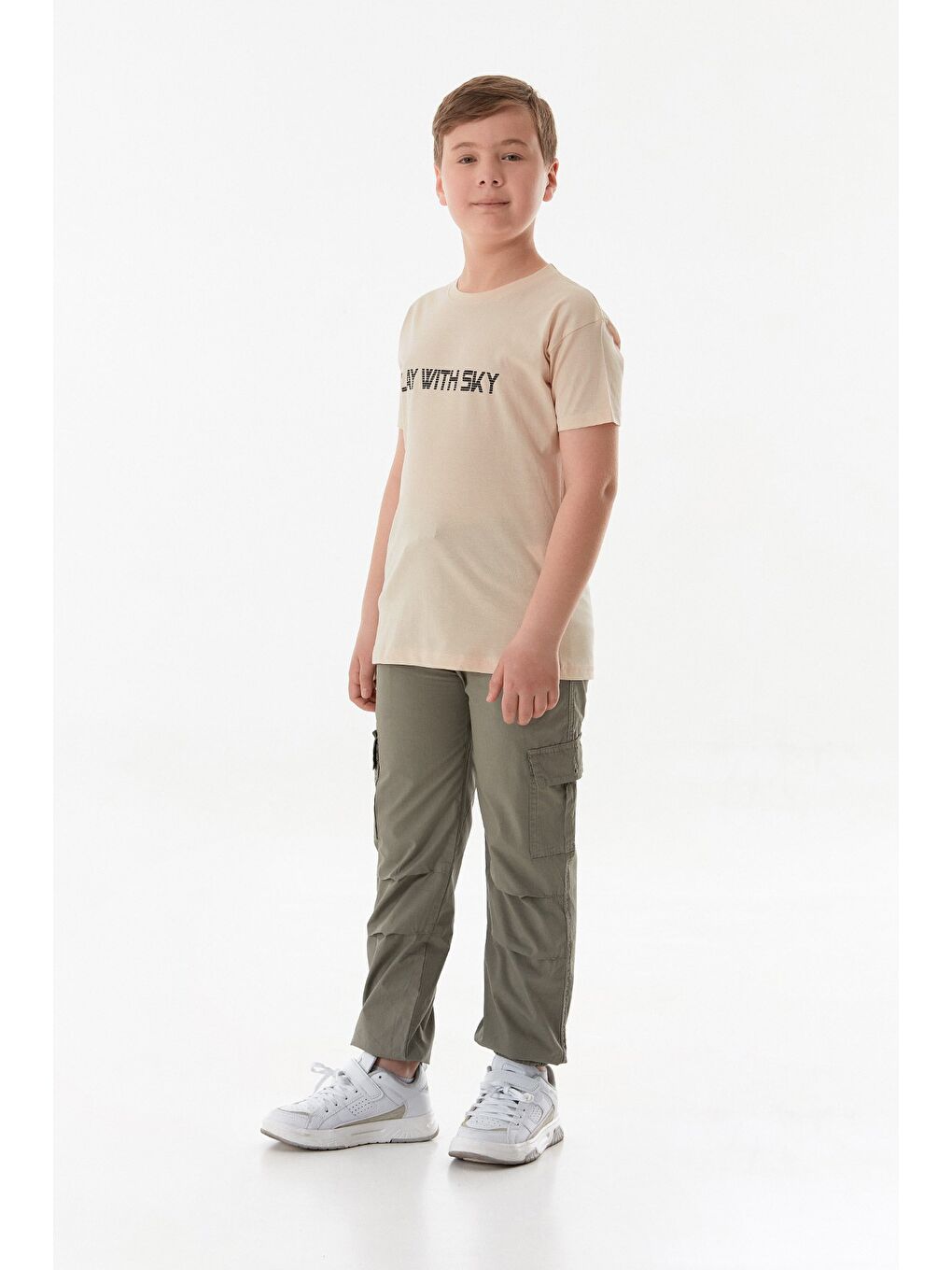 Bej %100 Pamuk Play With Sky Baskılı Erkek Çocuk Tişört-1