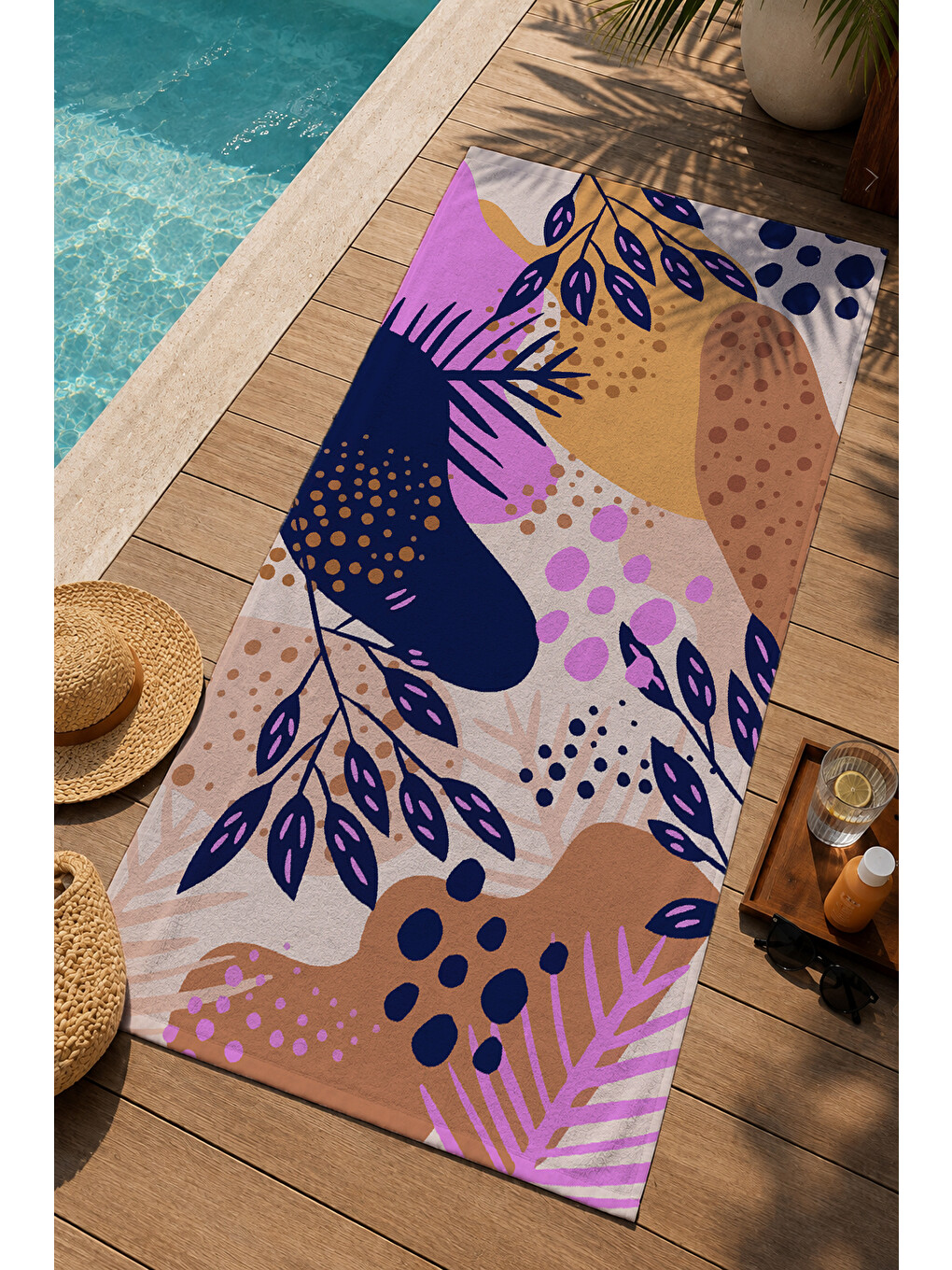 Pembe Mor Soyut Yaprak Ve Yüz Desenli 70x150 Cm Dijital Baskılı Plaj Ve Banyo Havlusu-2