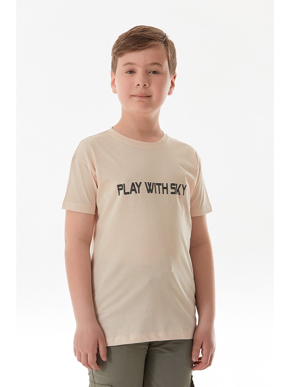 Bej %100 Pamuk Play With Sky Baskılı Erkek Çocuk Tişört-2