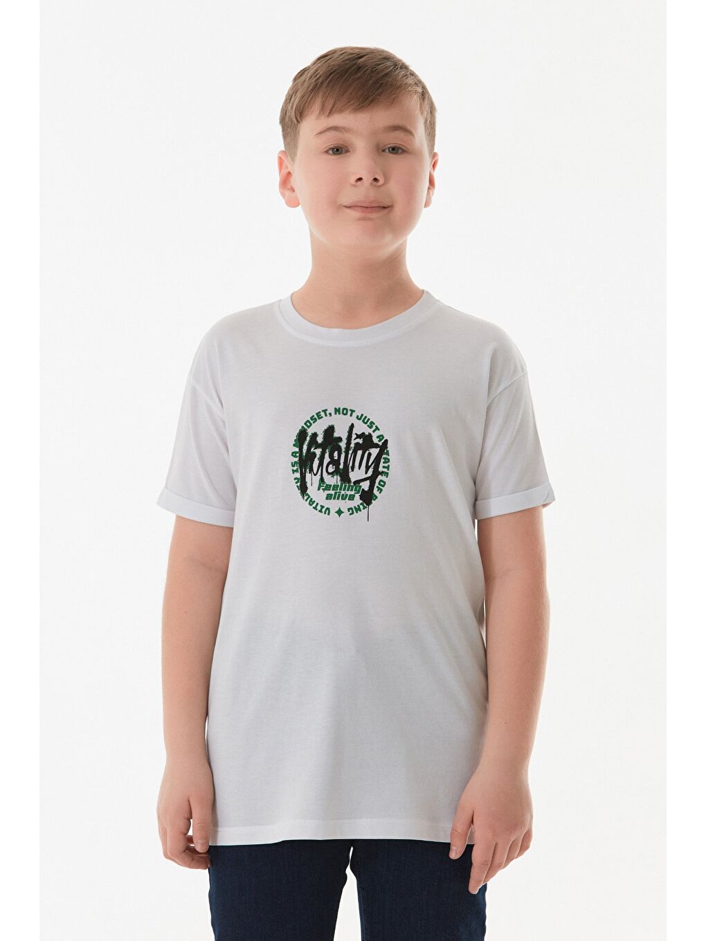 Beyaz %100 Pamuk Yazı Baskılı Bisiklet Yaka Erkek Çocuk Tişört