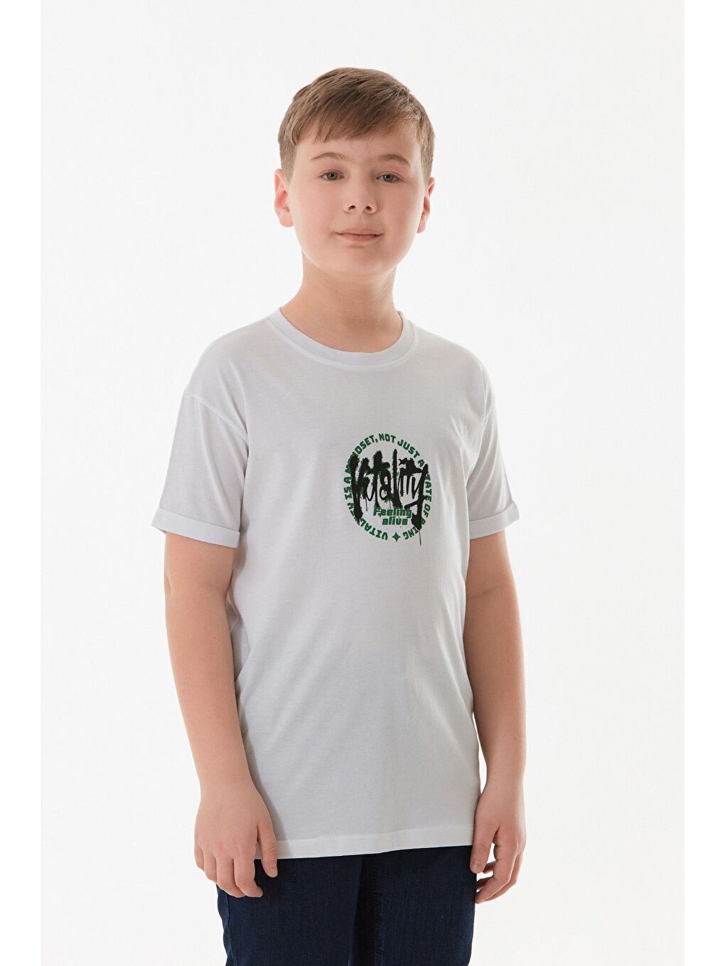 Beyaz %100 Pamuk Yazı Baskılı Bisiklet Yaka Erkek Çocuk Tişört-2