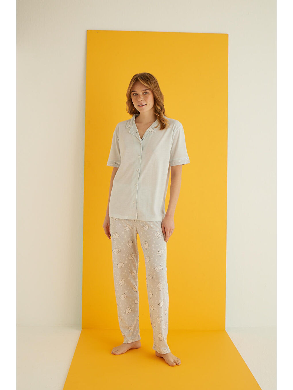 Mavi Viskon Düğmeli Pijama Takımı 7044-13-1