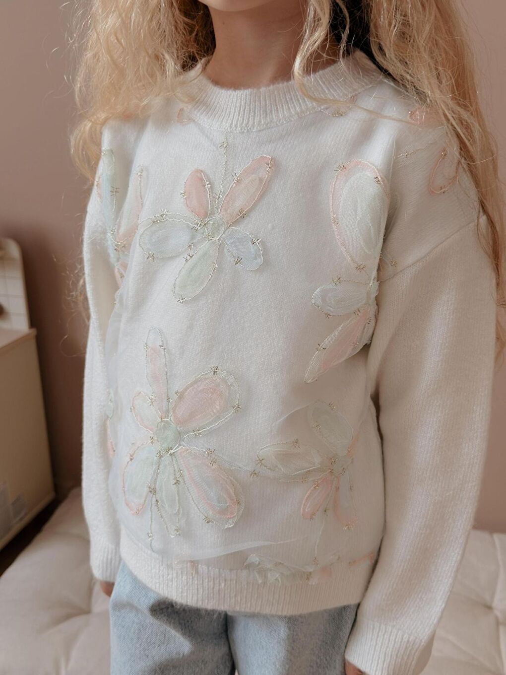 Ekru Kız Çocuk Triko Üst ve Jean Pantalon Alt Üst Takım-1