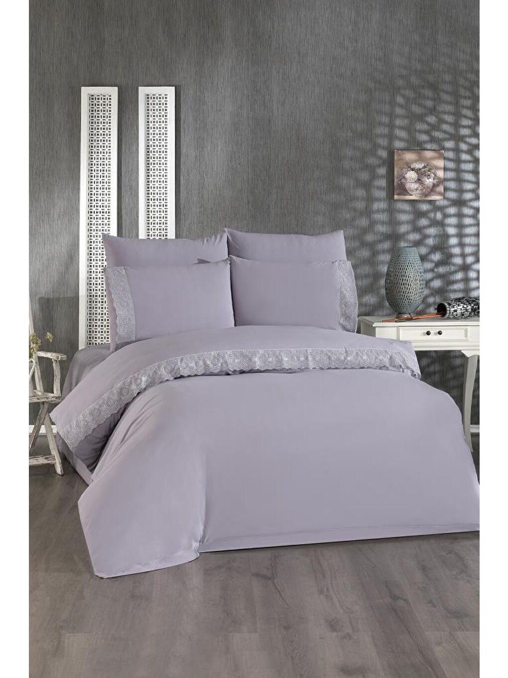 Fransız Dantelli Perihan Çeyizlik Nevresim Takımı Gri