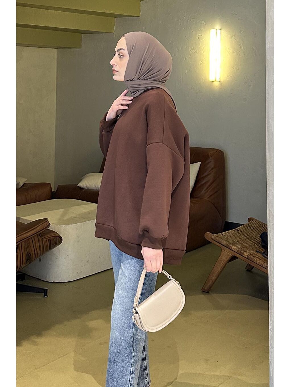 Jasmin Bisiklet Yaka Oversize Sweat Acı Kahverengi-1