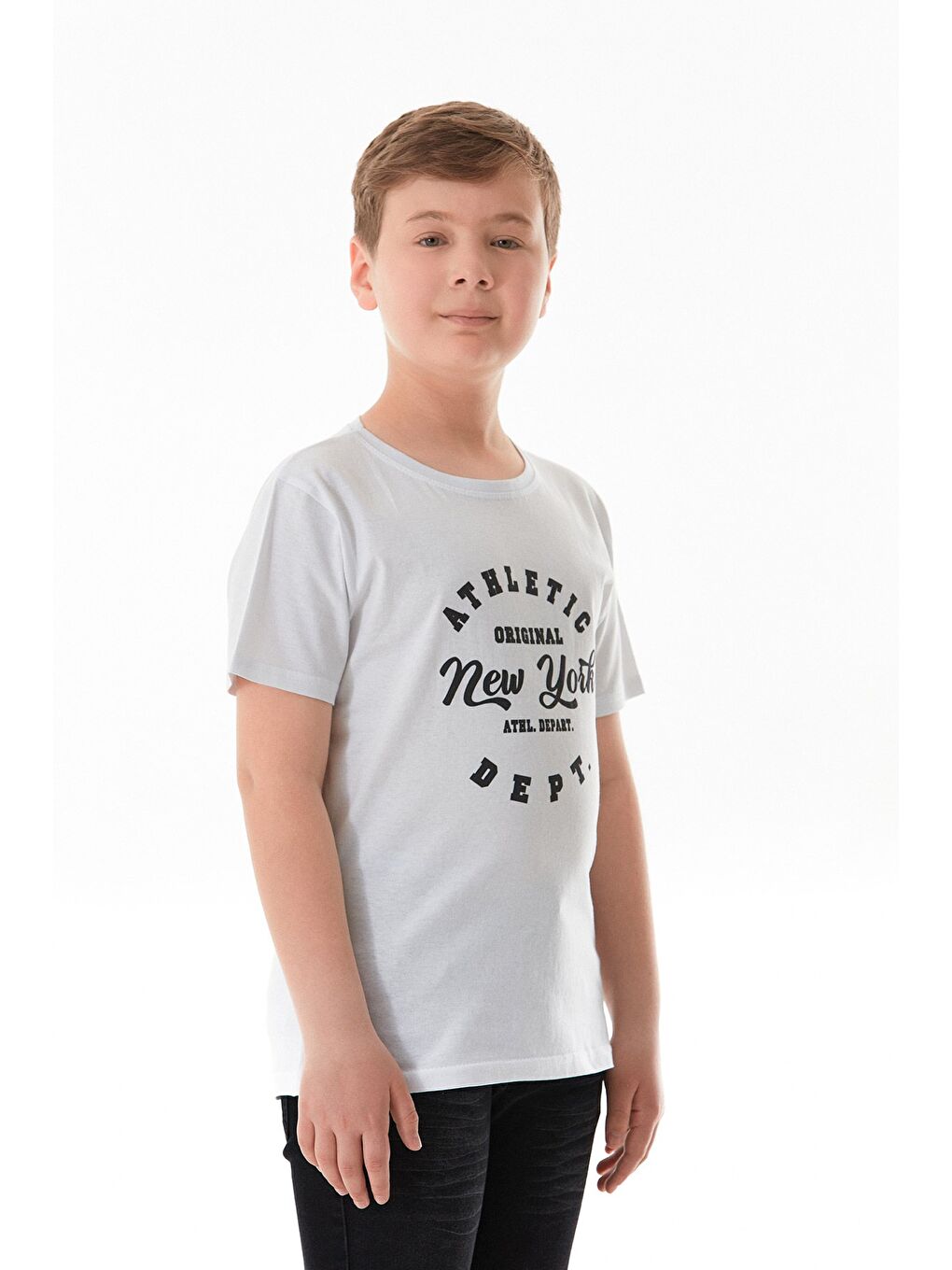 Beyaz %100 Pamuk Athletic Yazı Baskılı Erkek Çocuk Tişört-2