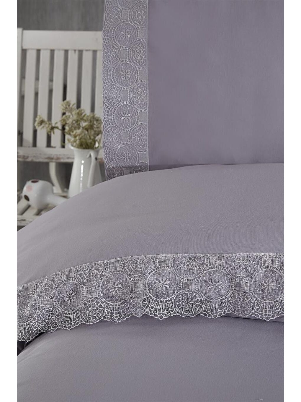 Fransız Dantelli Perihan Çeyizlik Nevresim Takımı Gri-2