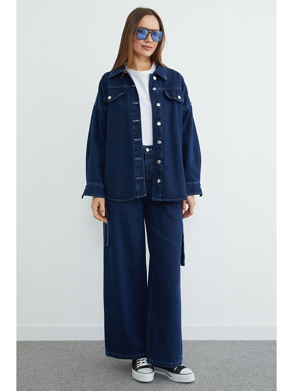 Lacivert Beli Kuşaklı Düğmeli Jean 2 Li Takım-3