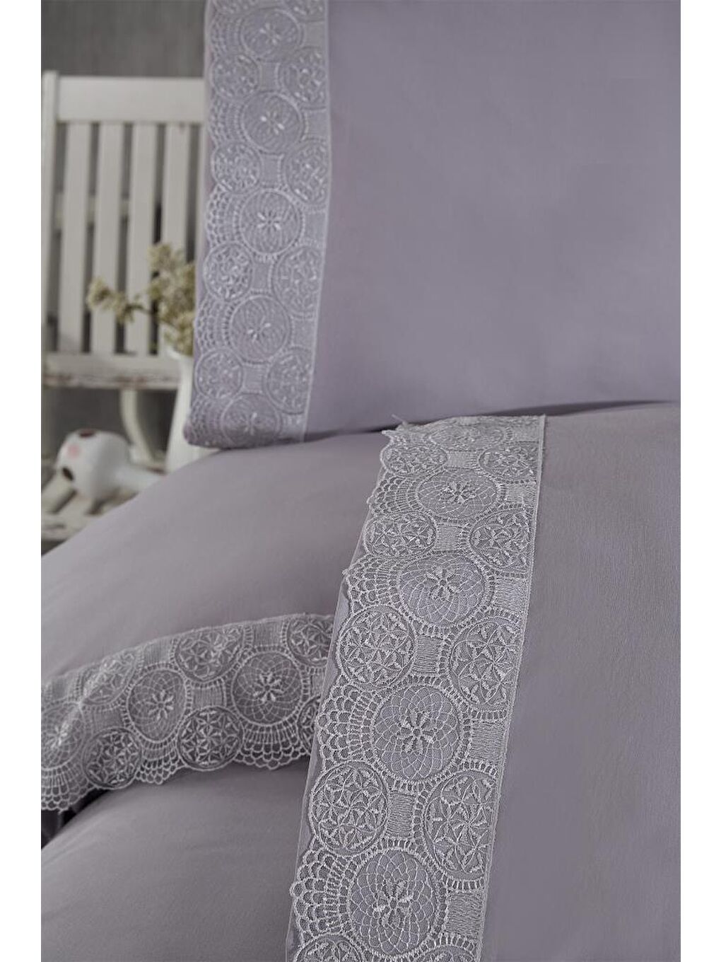 Fransız Dantelli Perihan Çeyizlik Nevresim Takımı Gri-3