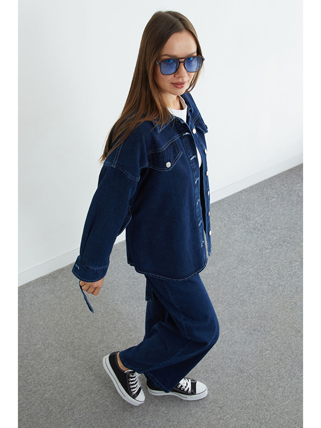 Lacivert Beli Kuşaklı Düğmeli Jean 2 Li Takım-4