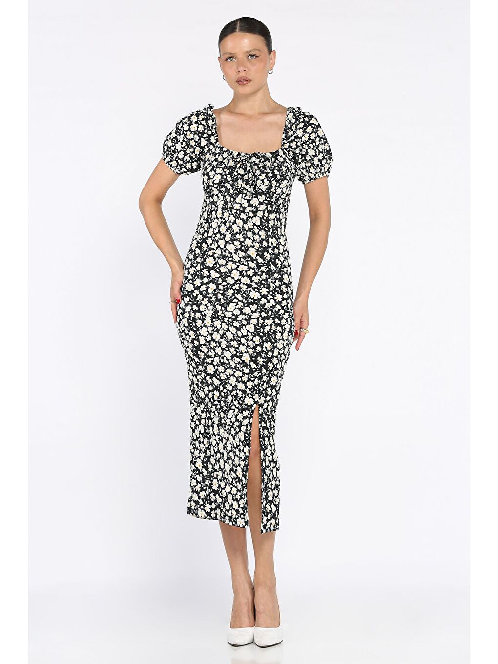 Siyah Yırtmaçlı Balon Kol Kadın Desenli Elbise-1